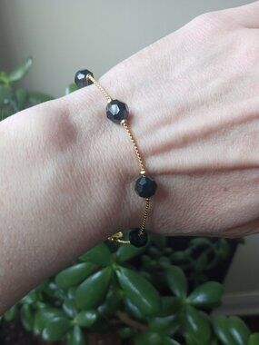 Swarovski Vintage Black Faceted Crystal Bead Gold Chain Bracelet